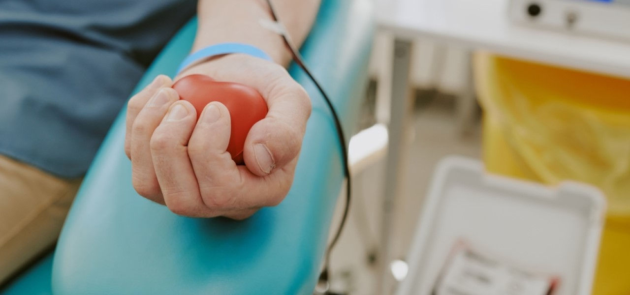 close up of blood donor's hand squeezing a squishy ball during donation